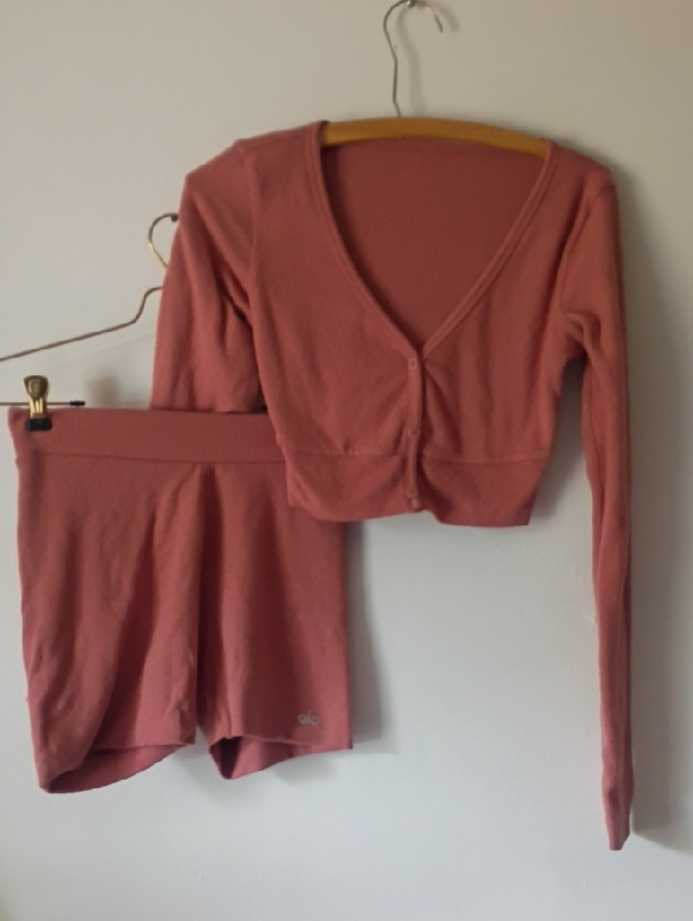 Alo Cropped Cardigan and High-Waist Bike Shorts Set - Dusty Rose XS